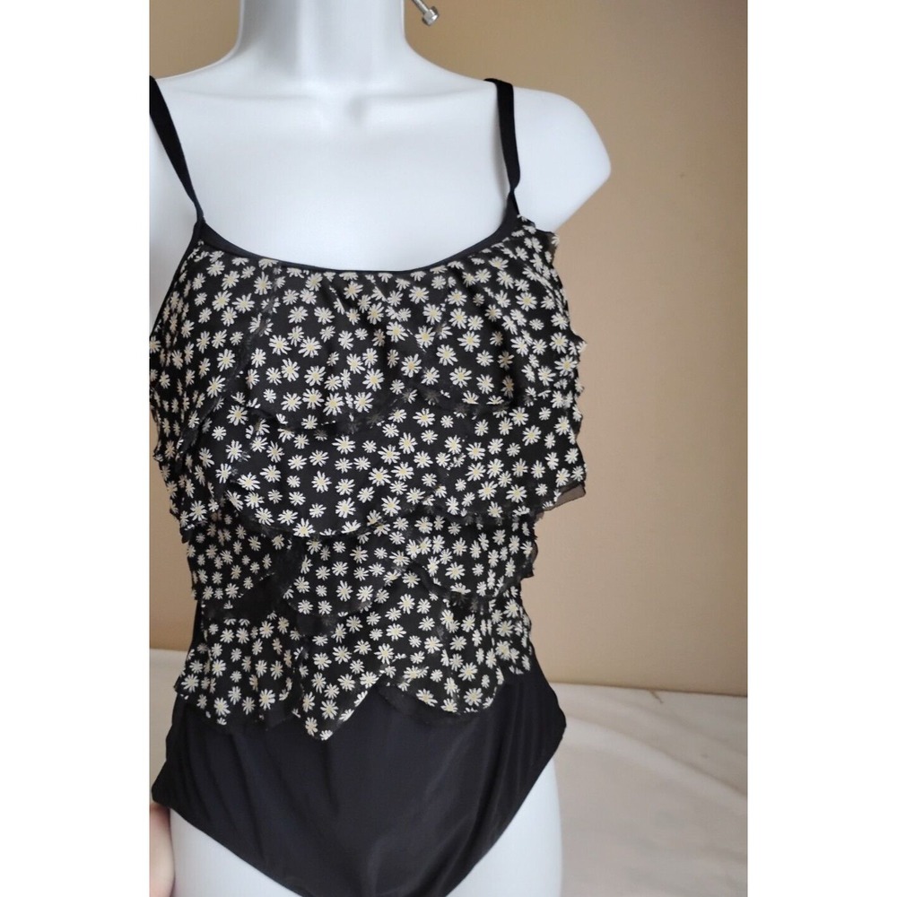 Profile By Gottex Swimsuit 10 One Piece Womens Black White Ruffle Daisy Floral‎